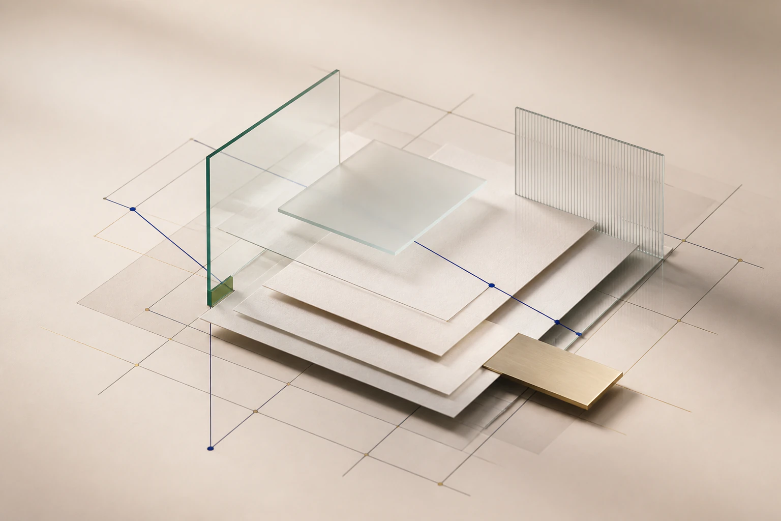 Illustrative still life of layered business materials, glass planes, and a precise connecting line.